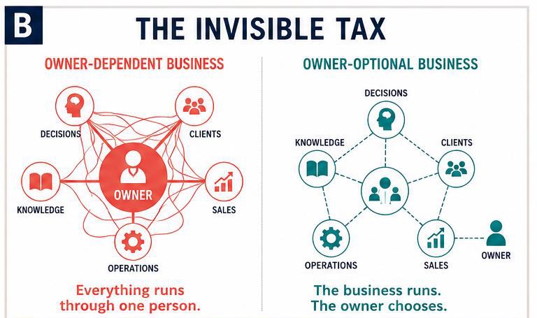 The Invisible Tax: in an owner-dependent business, decisions, clients, sales, operations and knowledge all run through the owner. In an owner-optional business, the business runs and the owner chooses.