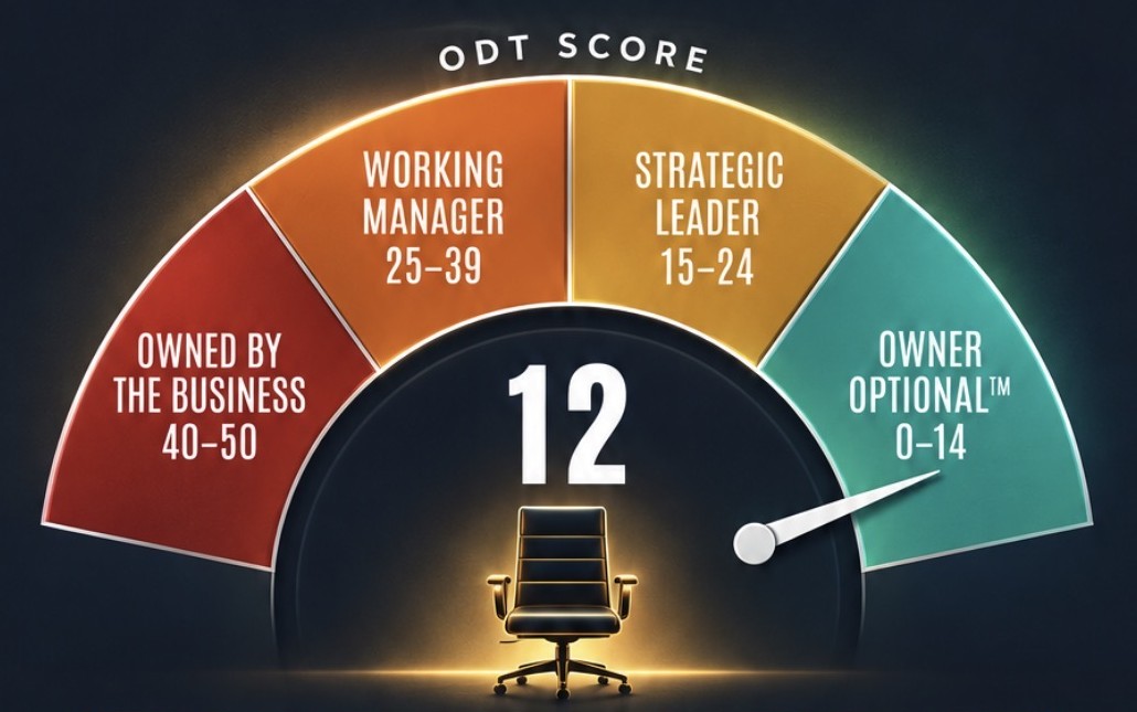 The ODT Score gauge: Owned by the Business 40 to 50, Working Manager 25 to 39, Strategic Leader 15 to 24, Owner Optional 0 to 14, with the needle at 12 above an empty chair.